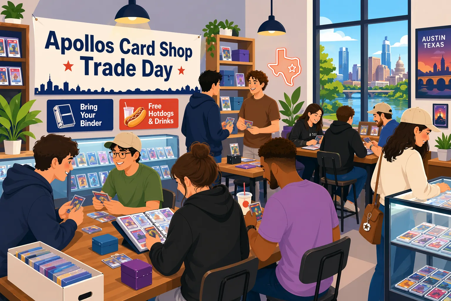 Modern vector illustration of Apollos Card Shop Trade Day in Austin, with collectors trading cards, open binders, slabs, display cases, and free food in a local shop setting.