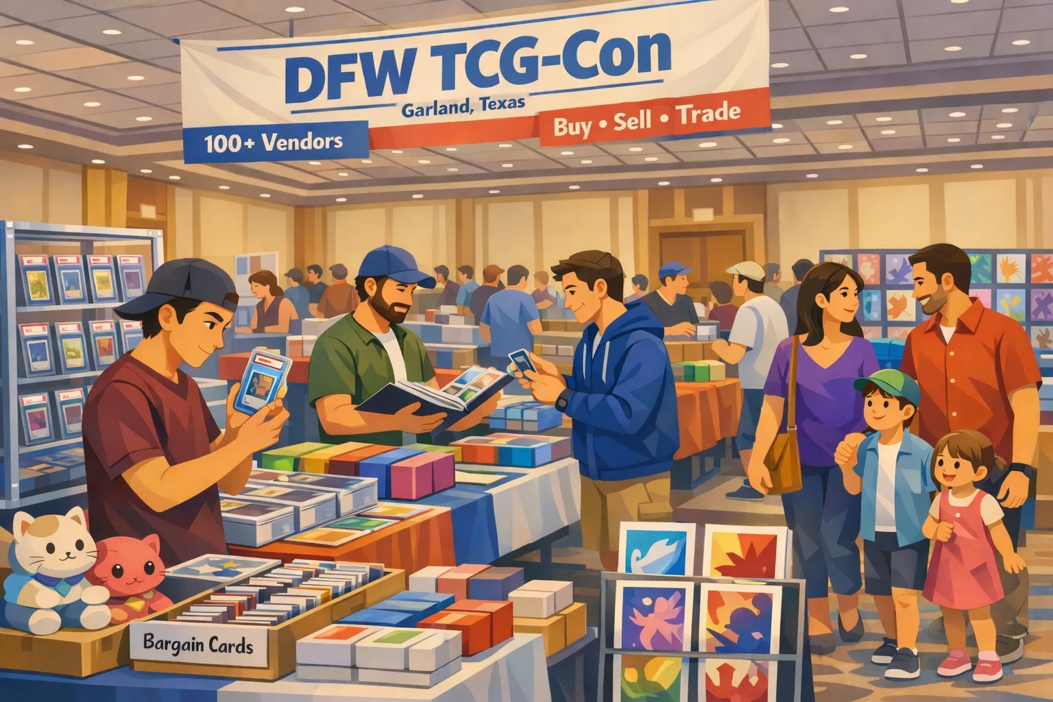 DFW TCG-Con April 2026 hero image showing a busy Garland hotel card show with vendor tables, collectors browsing trading cards and anime collectibles, display cases, binders, plush items, and buy-sell-trade activity.