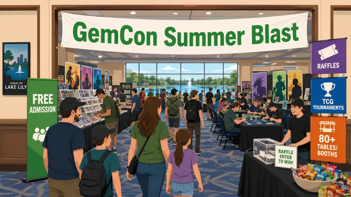 GemCon Summer Blast trading card convention at the Lake Lily venue, with 80+ vendor booths, TCG tournament tables and a lakeside fountain view.