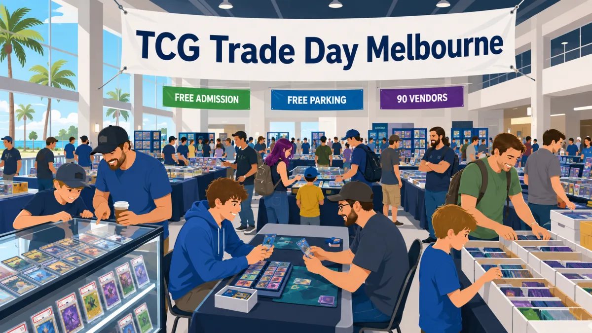 TCG Trade Day Melbourne fills an oceanfront venue with 90 vendors, graded slab cases, bargain bin boxes, and players trading at center tables.