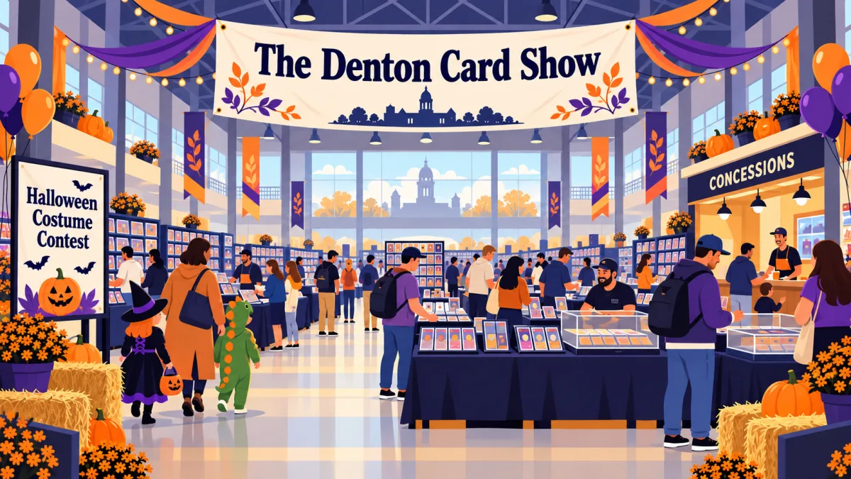 Families and costumed collectors browse trading card tables beneath a banner for The Denton Card Show. Pumpkin decorations and a Halloween costume contest sign brighten the indoor sports venue.