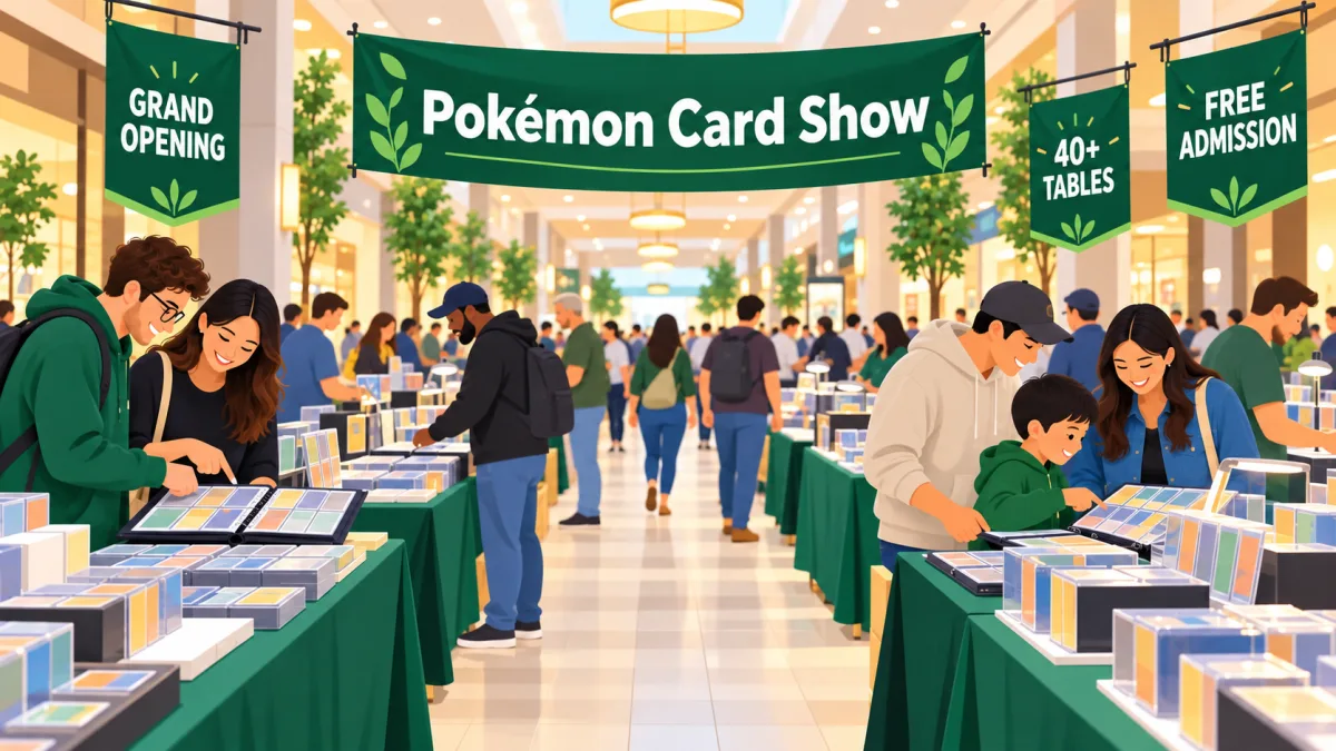 Collectors browse card tables along a bright shopping mall hallway beneath a green Pokémon Card Show banner. Small signs highlight the grand opening, 40+ tables, and free admission.