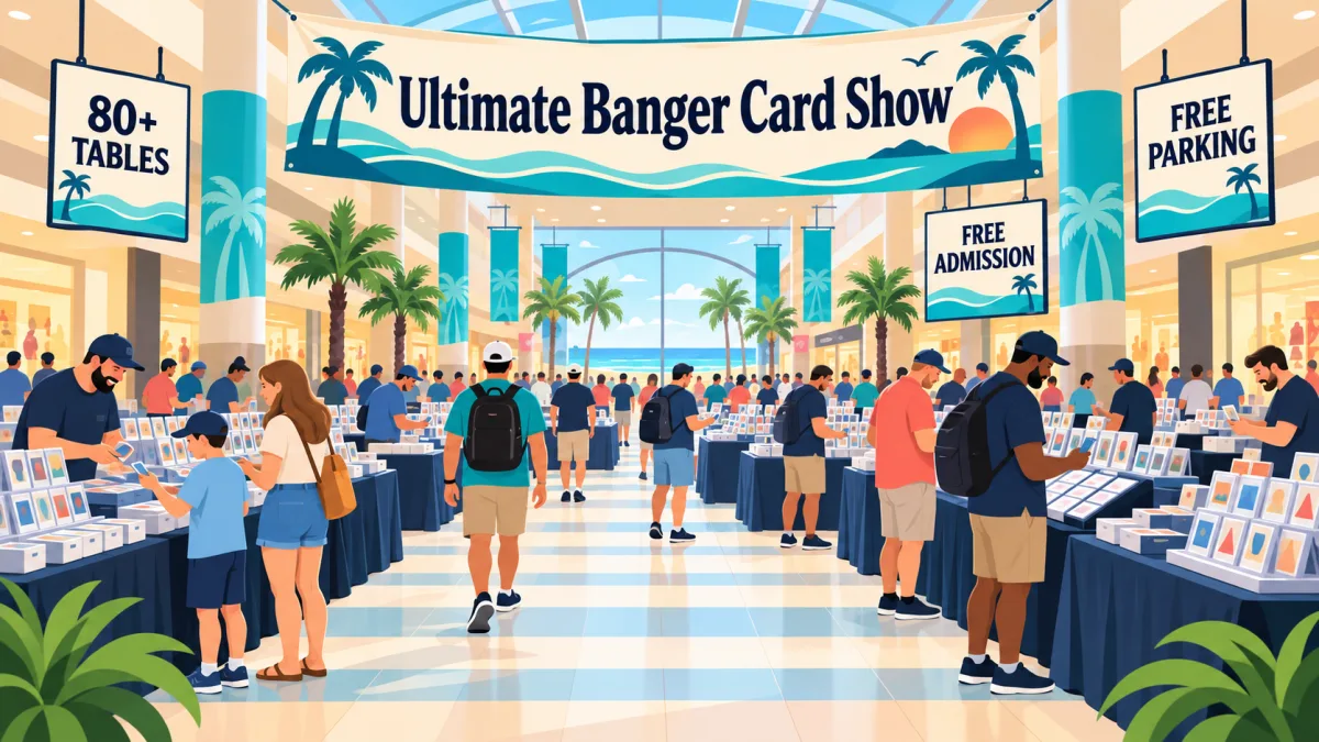 Collectors and a family browse card tables in a bright shopping mall beneath an Ultimate Banger Card Show banner. Smaller signs advertise 80+ tables, free admission, and free parking.