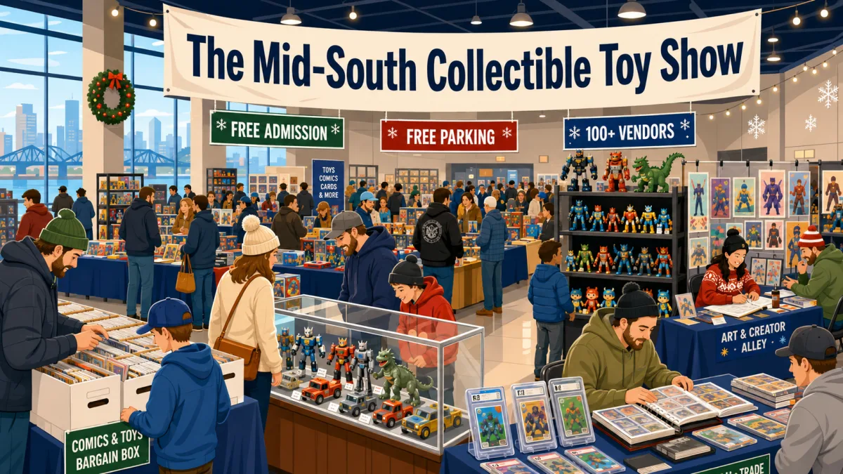 The Mid-South Collectible Toy Show floor with vintage robot figures in a display case, graded comic slabs, bargain comic boxes, and Art & Creator Alley.