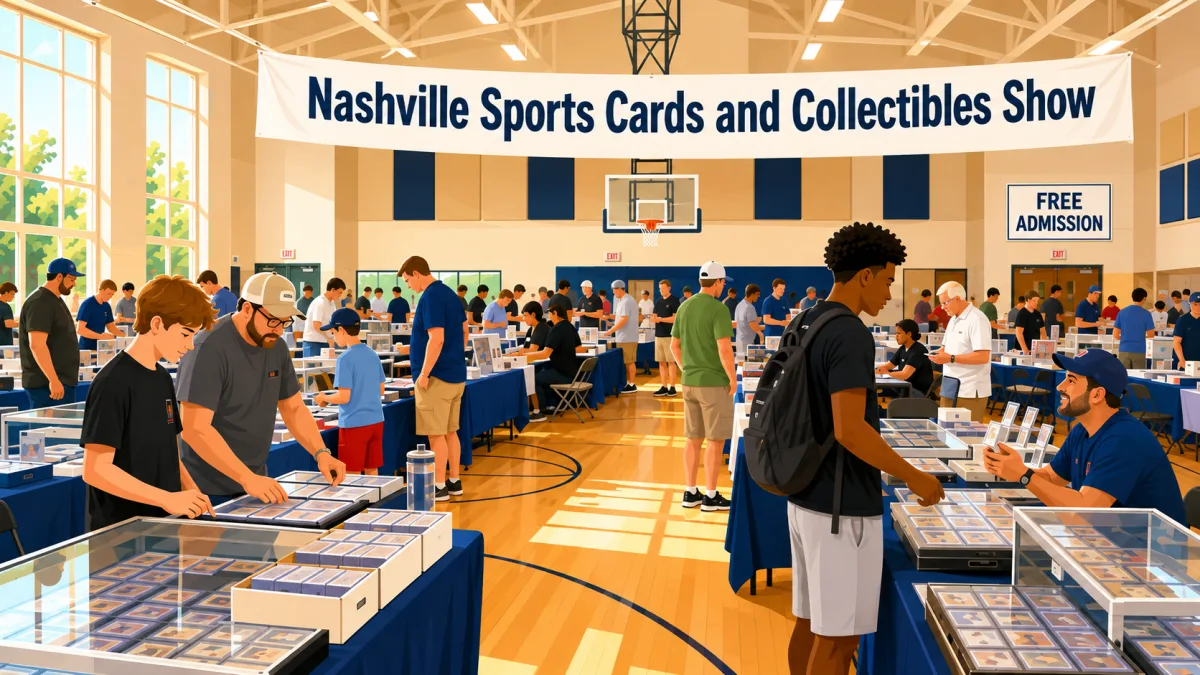 Illustration of collectors browsing cards and mixed collectibles in a school gym beneath Nashville Sports Cards and Collectibles Show and FREE ADMISSION banners.
