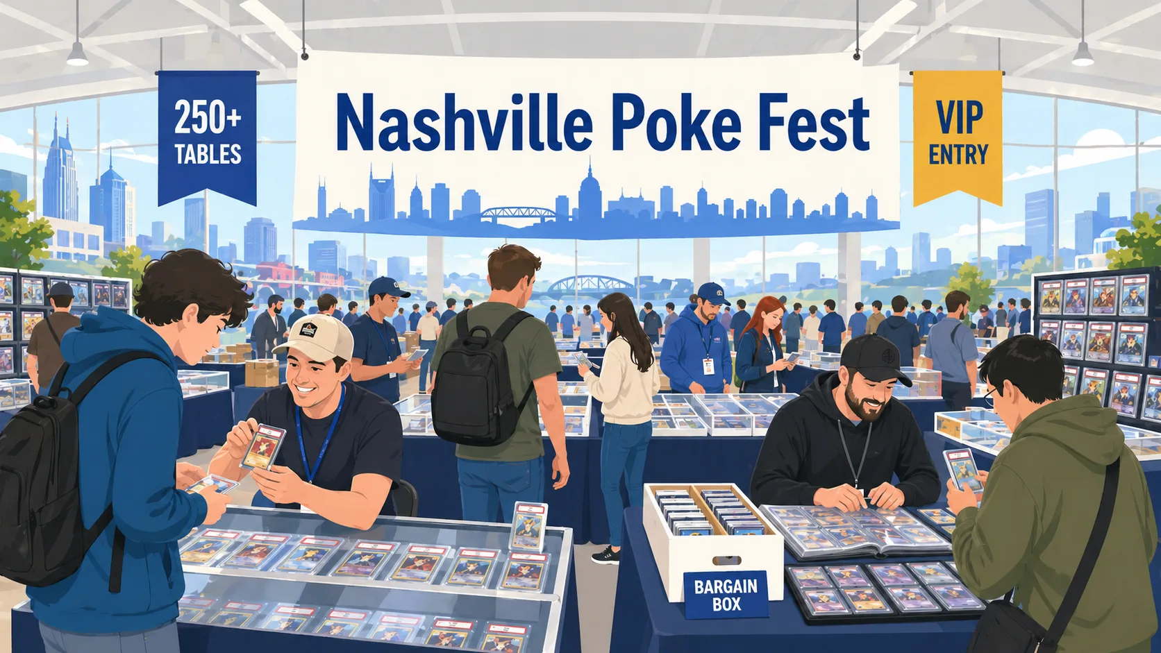 Nashville Poke Fest floor with 250+ tables of graded Pokémon cards, a VIP entry banner, and collectors browsing display cases and a bargain box.