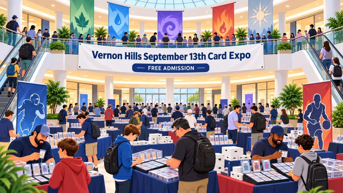 Illustrated two-level mall card expo with collectors browsing sports-card tables downstairs and trading-card-game tables upstairs beneath a Vernon Hills September 13th Card Expo banner.