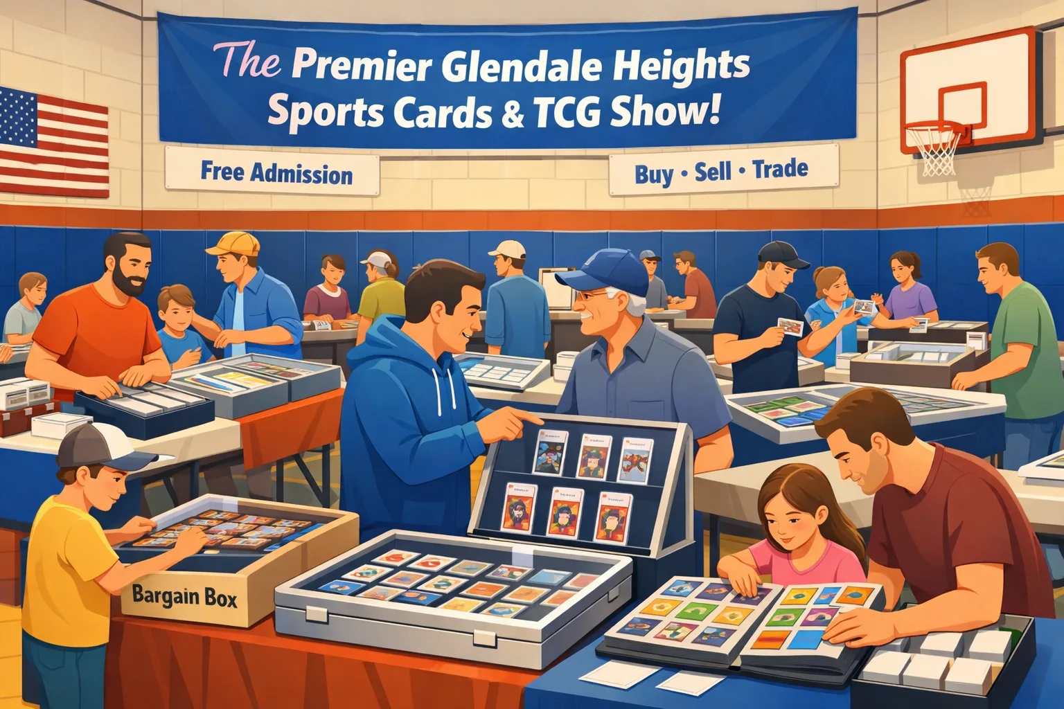 The Premier Glendale Heights Sports Cards & TCG Show! in Glendale Heights, Illinois, inside a school gym with vendor tables, glass cases, slabs, binders, bargain boxes, and collectors browsing and trading.