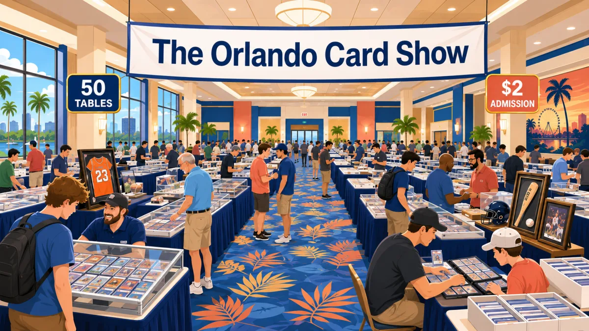Illustration of collectors browsing card and memorabilia tables beneath a The Orlando Card Show banner inside Bahia Shrine.
