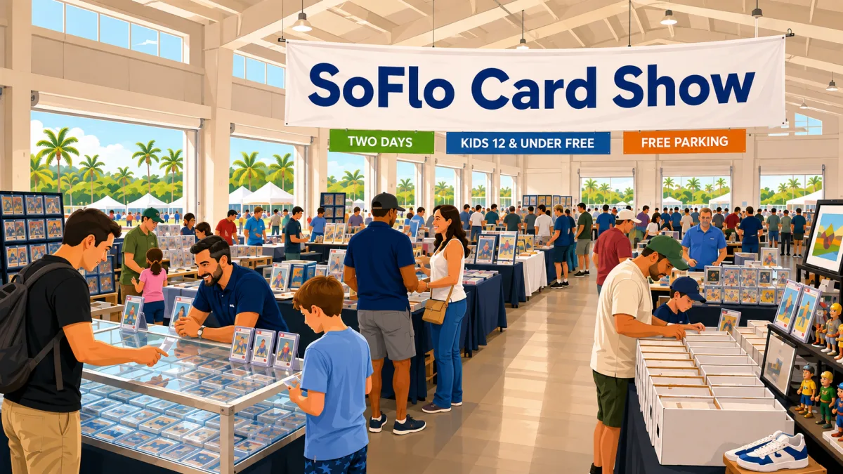 Illustrated view of families and collectors browsing card and collectible tables inside St. Lucie County Fairgrounds beneath a SoFlo Card Show banner.