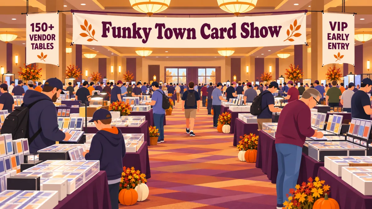 Collectors browse trading card tables beneath a Funky Town Card Show banner inside a hotel conference hall. Decorative pumpkins and warm purple and amber accents give the scene an autumn feel.