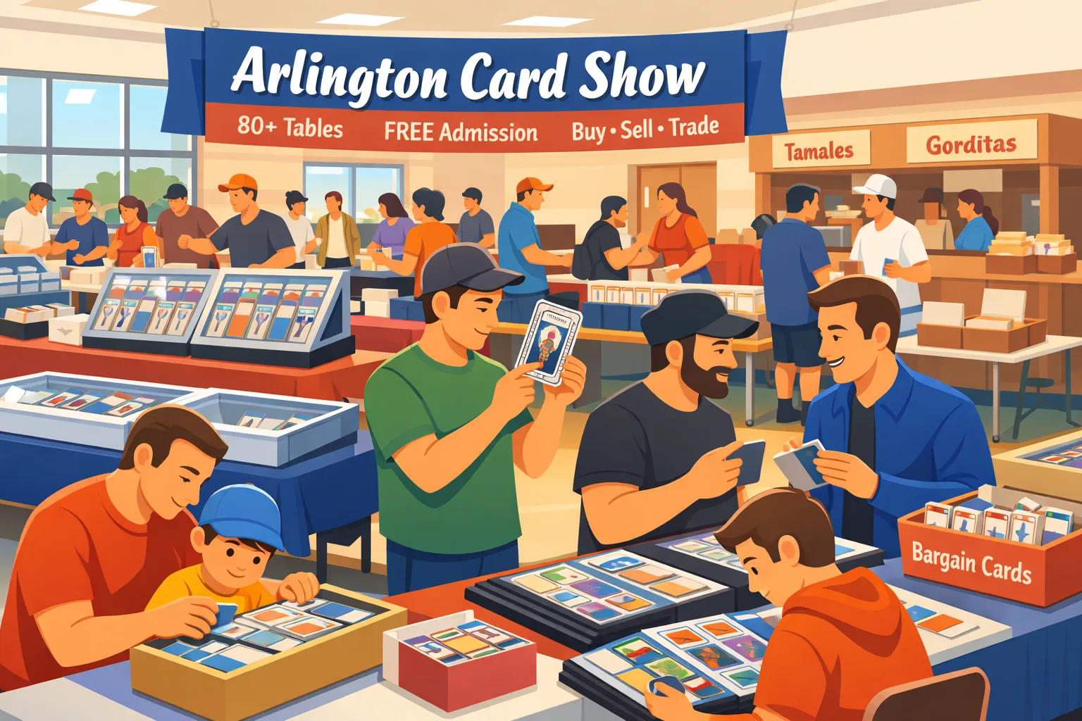 Arlington Card Show in Arlington, Texas in March 2026, with collectors browsing vendor tables, sports cards, Pokémon cards, trading card game items, and a tamale and gordita stand inside a busy community recreation center.