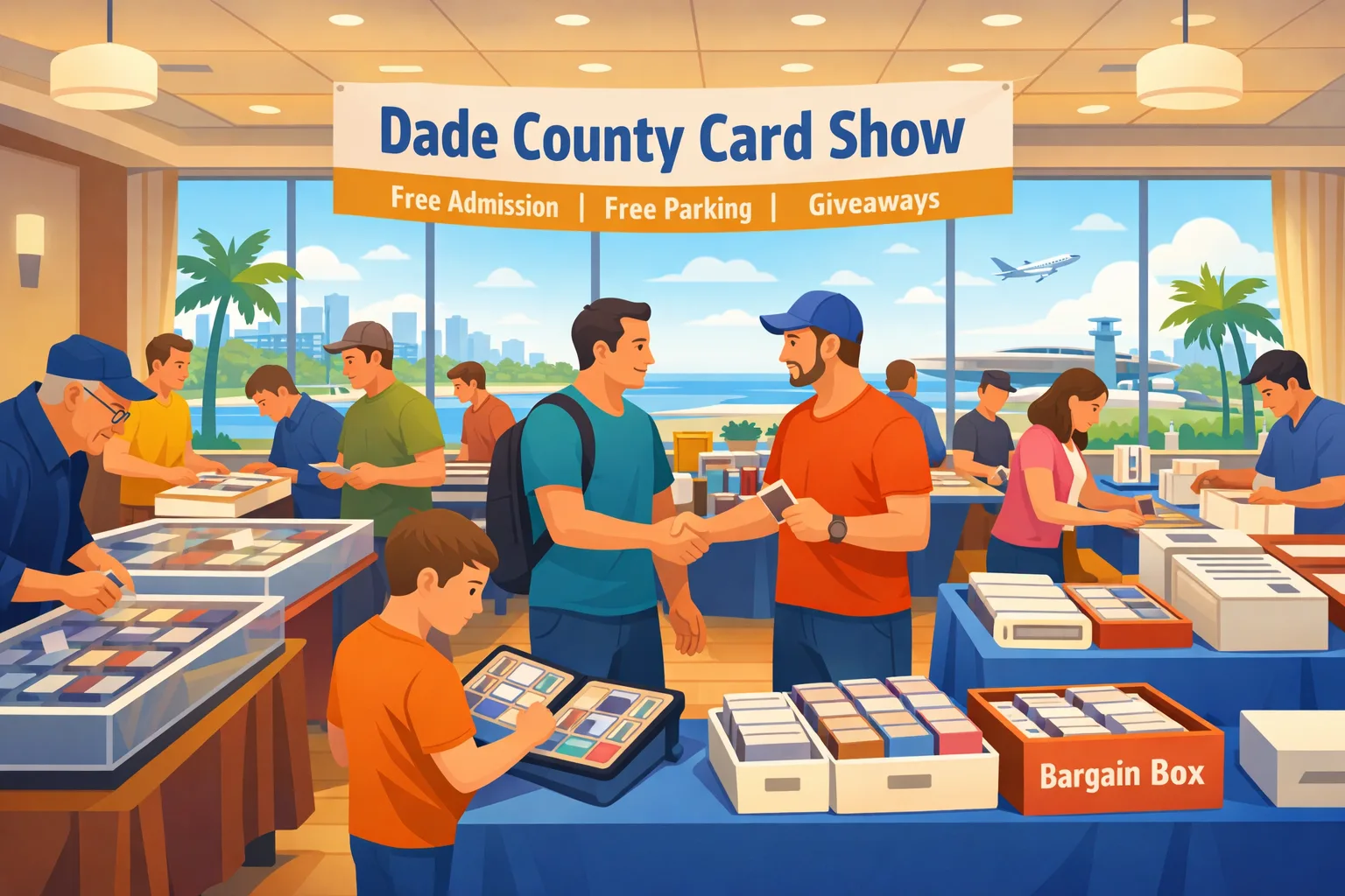 Illustration of the Dade County Card Show in Miami Springs, Florida, showing a busy hotel card show floor with vendor tables, display cases, singles boxes, slabs, and collectors browsing.
