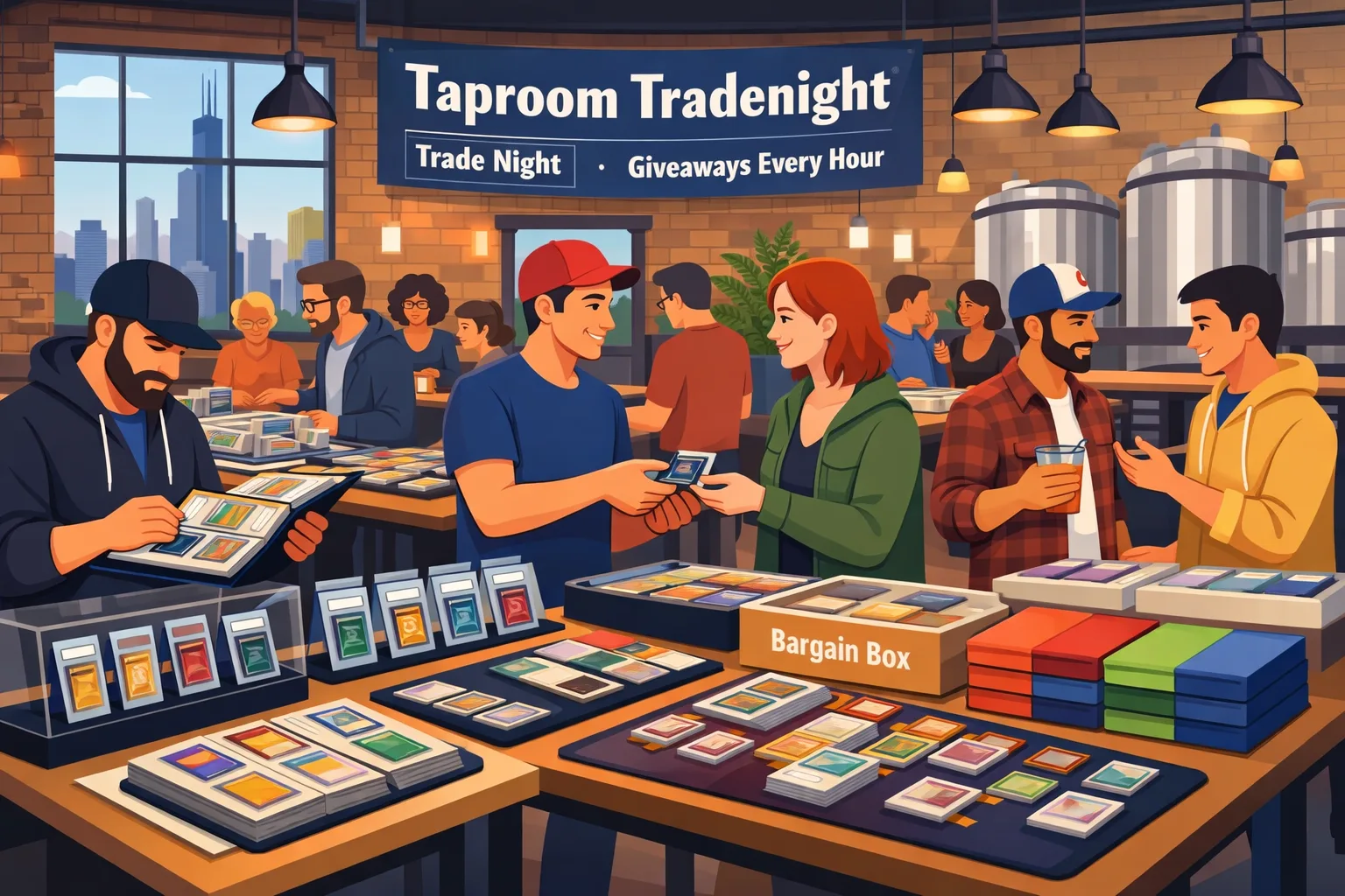 Taproom Tradenight at Marz Community Brewing in Chicago on April 5, 2026, showing a lively TCG trade night with vendor tables, binders, display cases, and collectors trading Pokémon, One Piece, and Magic cards.