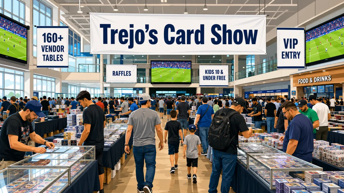 Trejo's Card Show fills a busy arena concourse with 160+ vendor tables, glass cases of graded cards, and crowds browsing under big-screen sports displays.