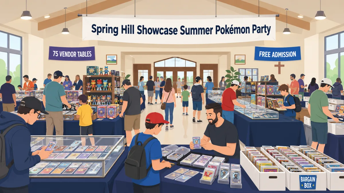 Spring Hill Showcase Summer Pokémon Party filling an indoor hall with 75 vendor tables, graded card display cases, bargain box bins, and free admission