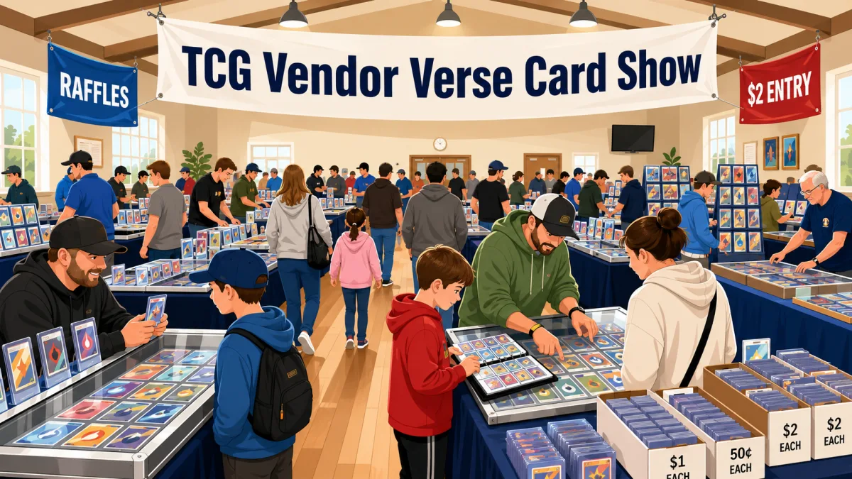 TCG Vendor Verse Card Show at American Legion Post in Yorkville, Illinois, with collectors browsing slab display cases, card binders, and dollar bins.