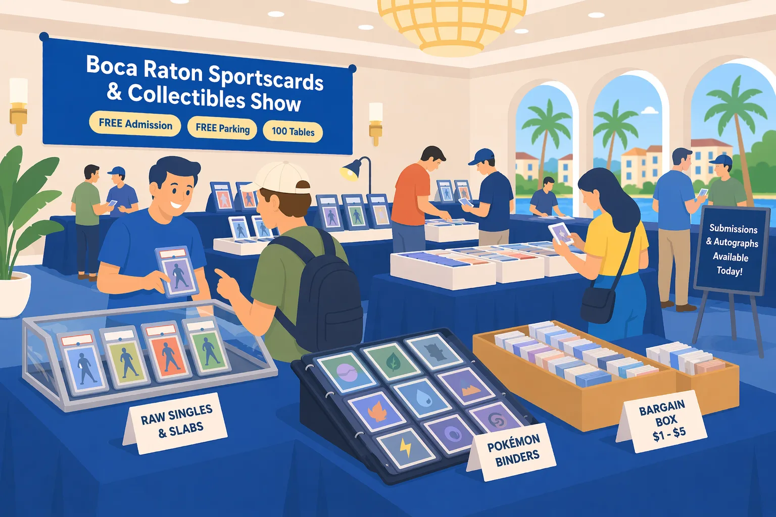 Hero illustration of the Boca Raton Sportscards & Collectibles Show in Boca Raton, Florida, showing a busy hotel card show floor with vendor tables, display cases, sports card slabs, Pokémon binders, and collectors browsing.