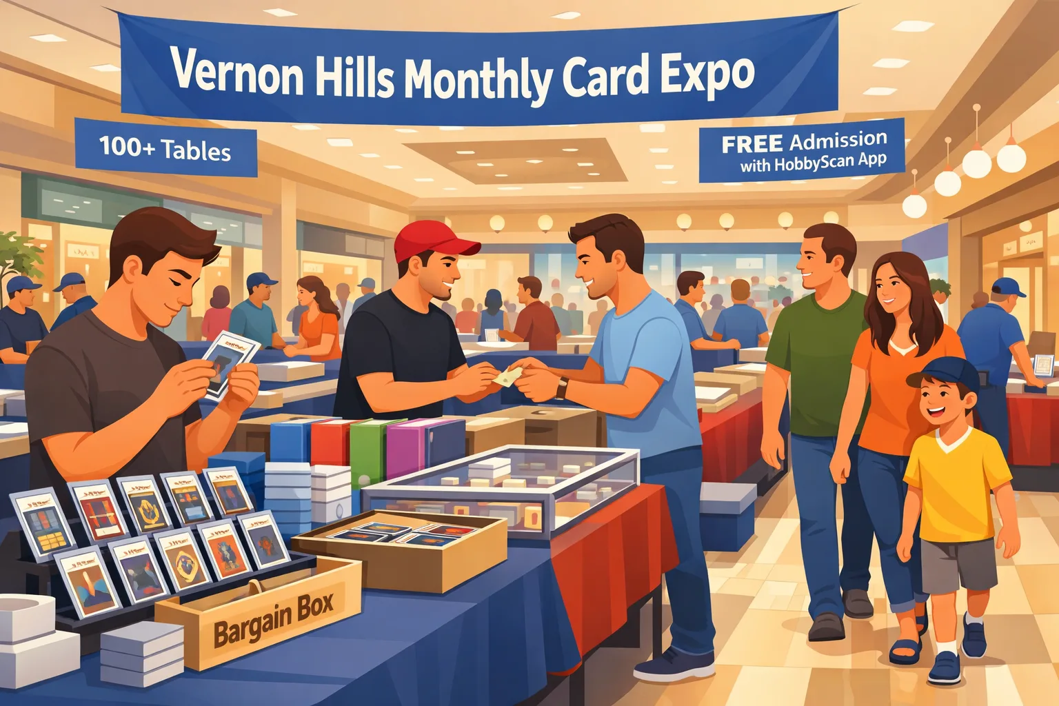 Illustration of the Vernon Hills Monthly Card Expo at a bright mall-style show floor in Vernon Hills, Illinois, with vendor tables, display cases, Pokémon binders, sports cards, slabs, and collectors browsing.