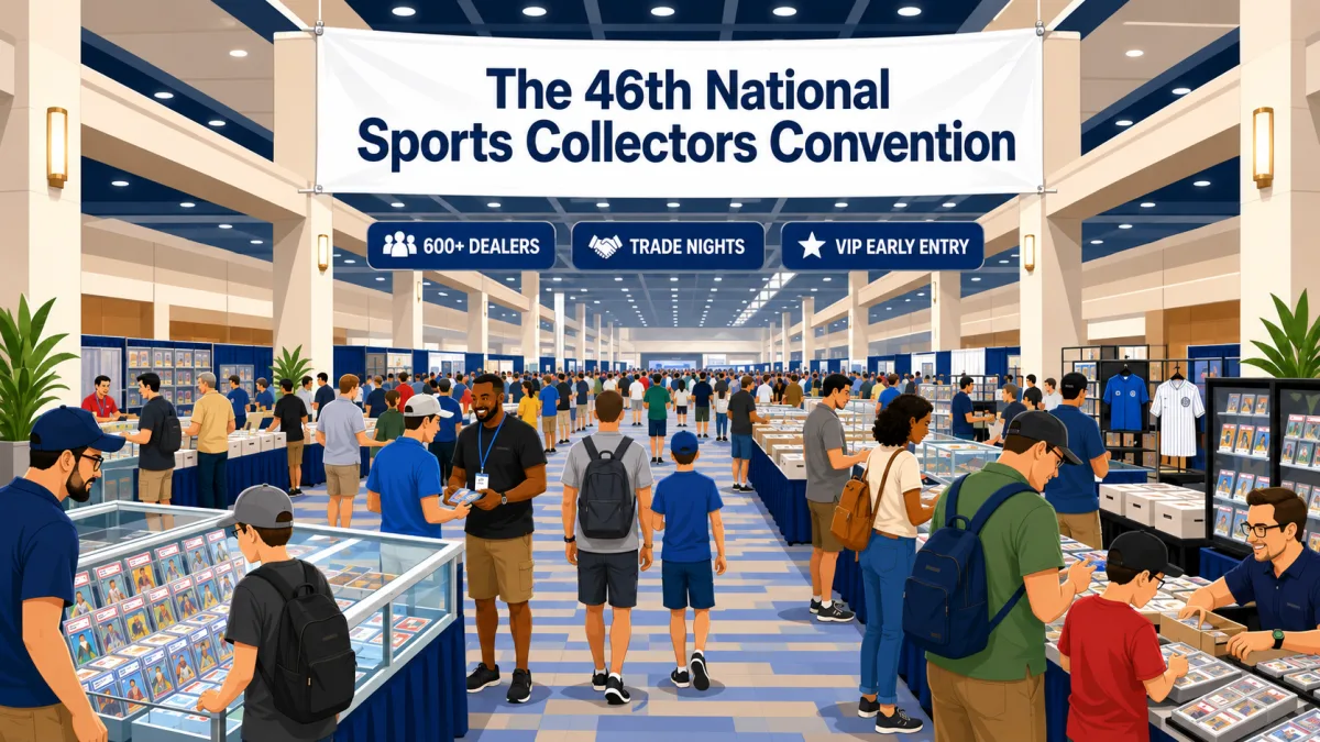 Illustrated view of collectors browsing sports-card tables beneath a banner for The 46th National Sports Collectors Convention inside a large Rosemont convention hall.