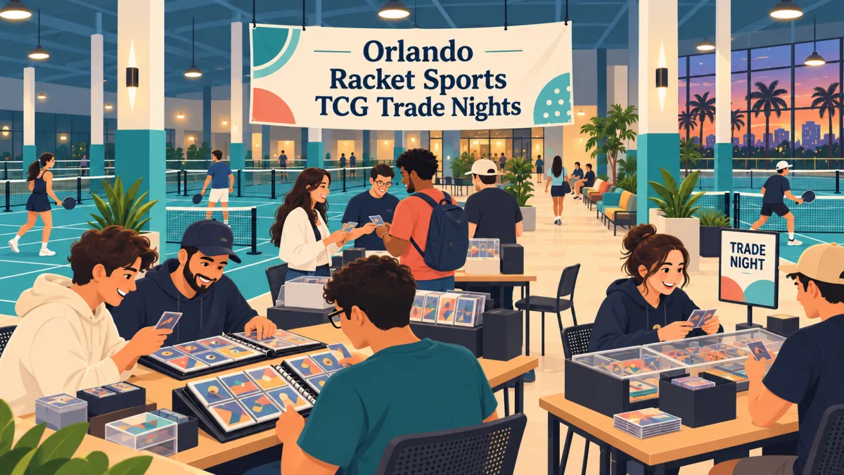 Collectors compare cards and open binders at tables inside a teal indoor sports facility. A banner reading Orlando Racket Sports TCG Trade Nights hangs above the gathering.
