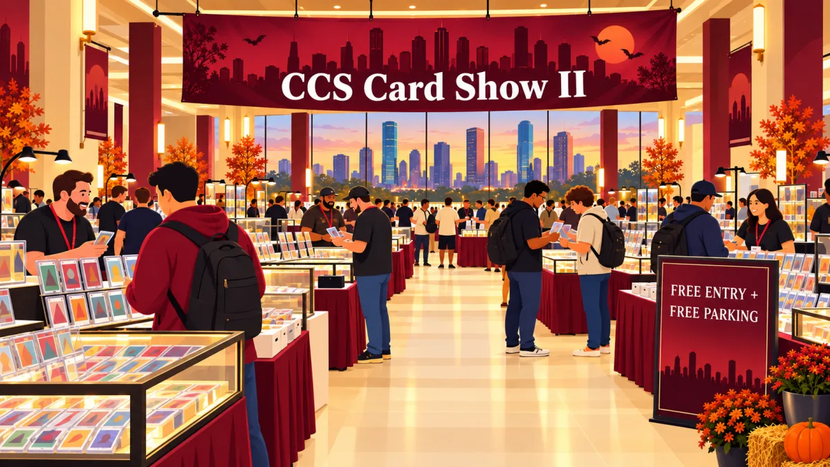 Collectors browse card displays and speak with vendors inside a warmly lit marketplace beneath a CCS Card Show II banner. A smaller sign advertises free entry and free parking.