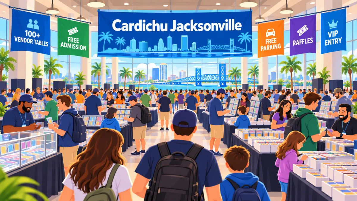 Illustration of families and collectors browsing vendor tables inside a Jacksonville conference venue beneath a Cardichu Jacksonville banner with free admission, free parking, raffles, and VIP entry callouts.