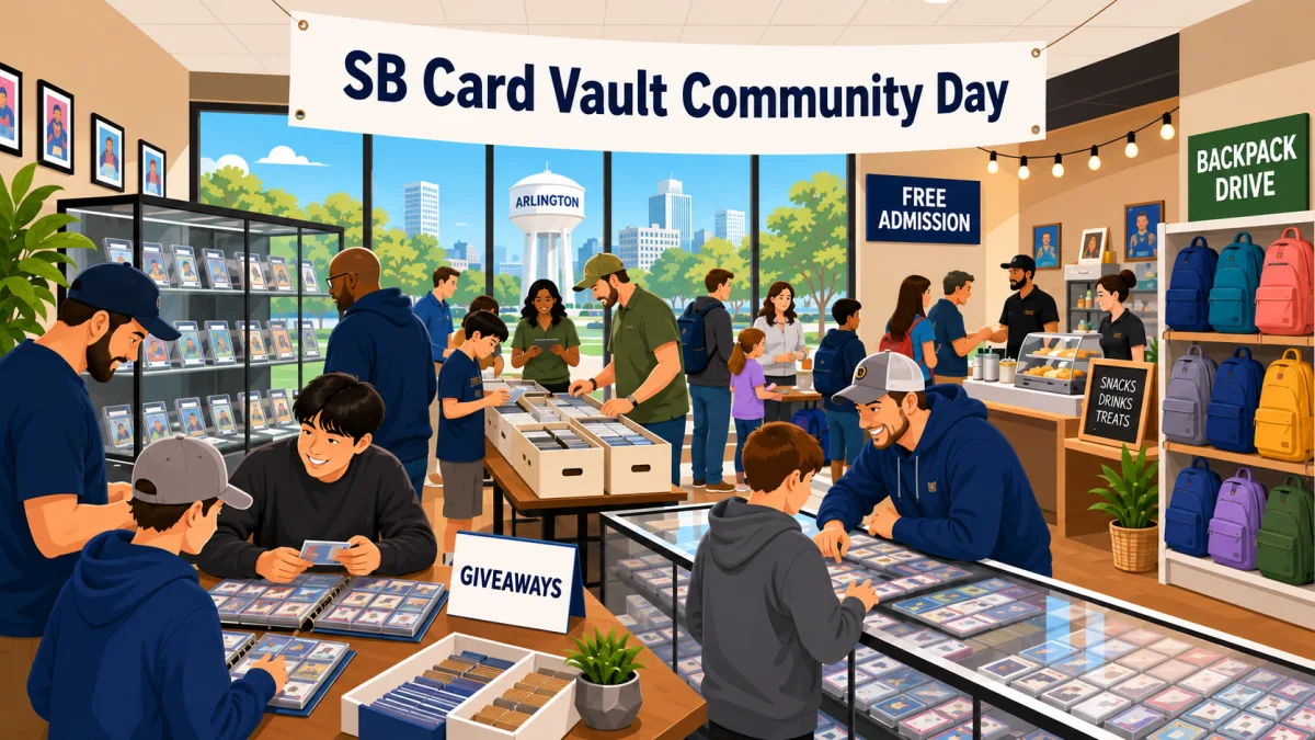 Illustration of collectors trading and browsing cards inside an Arlington card shop during SB Card Vault Community Day, with food vendors and a backpack donation station.