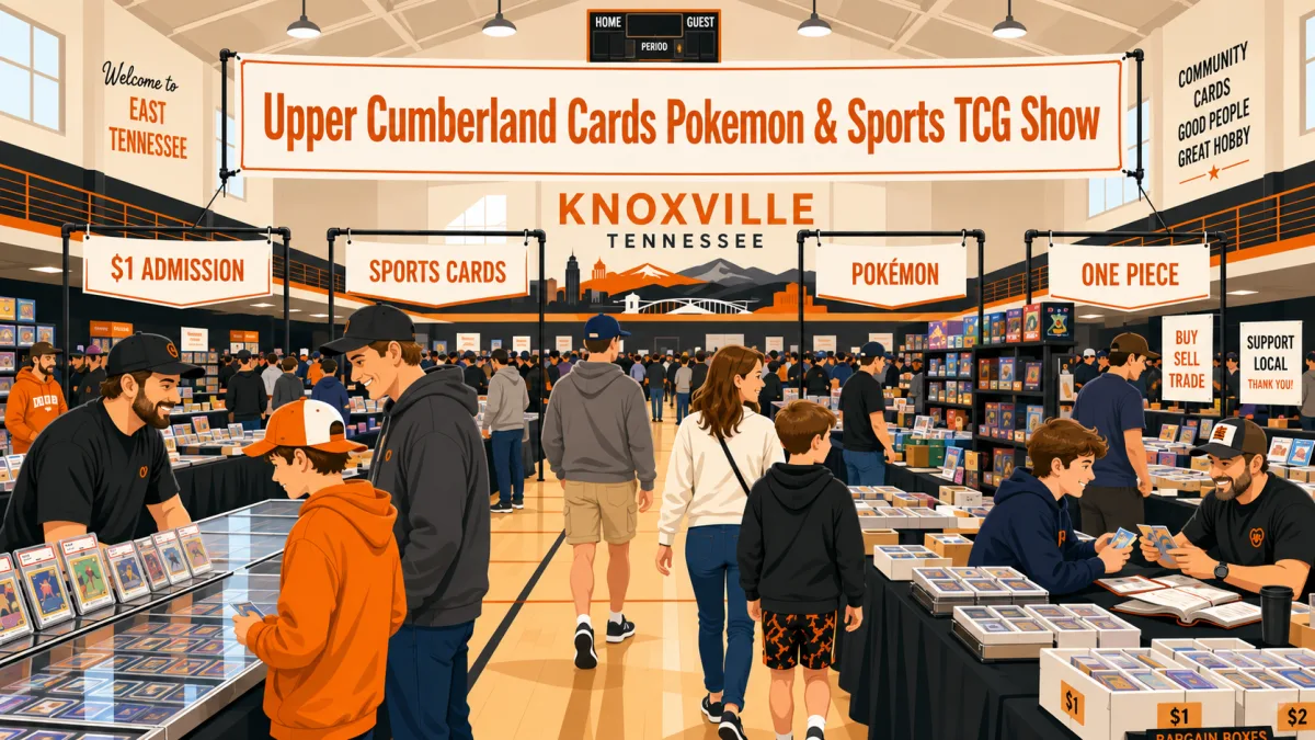 Upper Cumberland Cards Pokemon and Sports TCG Show at Knoxville Christian School in Knoxville, TN, with vendor tables, graded card cases, and $1 admission