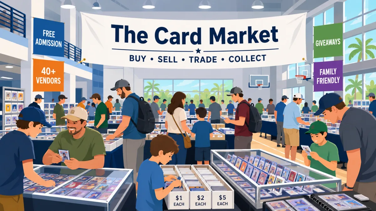 The Card Market fills a bright gymnasium with 40+ vendor tables, glass cases of graded cards, and $1–$5 bargain bins as families browse and trade.