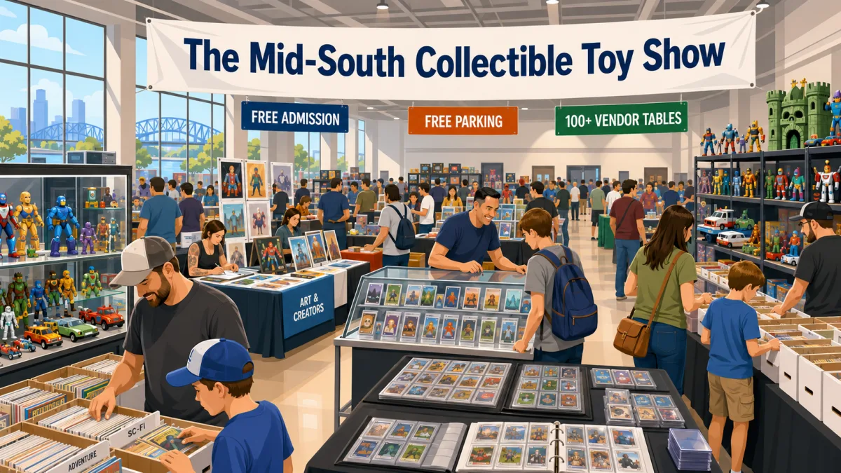 The Mid-South Collectible Toy Show hall with an Art & Creators artist table, trading card binders, and longboxes labeled Sci-Fi and Adventure.