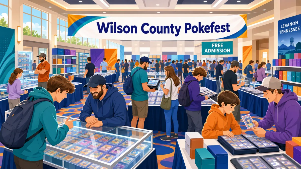 Collectors browse trading card tables in a bright Lebanon exhibition hall beneath a Wilson County Pokefest banner with a free-admission callout.