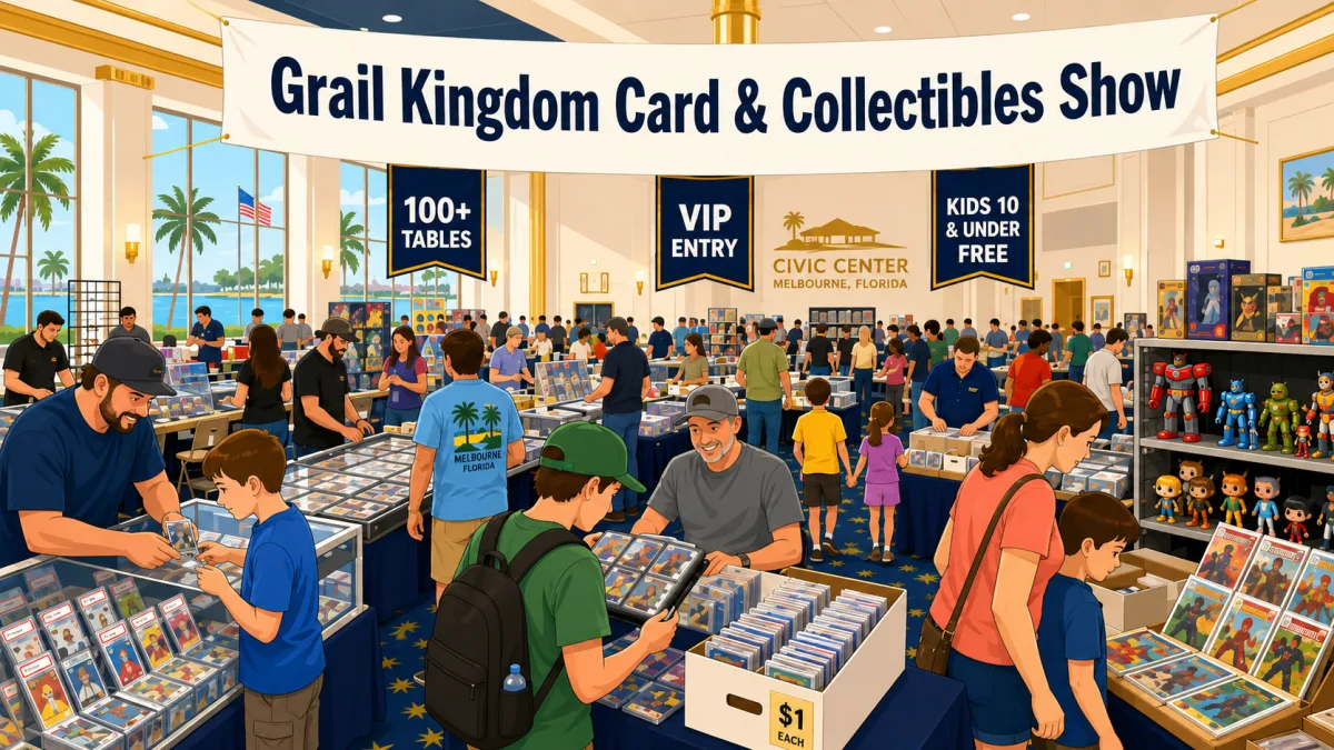 Grail Kingdom Card & Collectibles Show at the Melbourne Civic Center, Florida — families browsing graded slabs, $1 comic bins, and action figure displays.